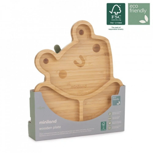 Farfuriuta de lemn compartimentata cu baza silicon Frog Miniland - Img 3