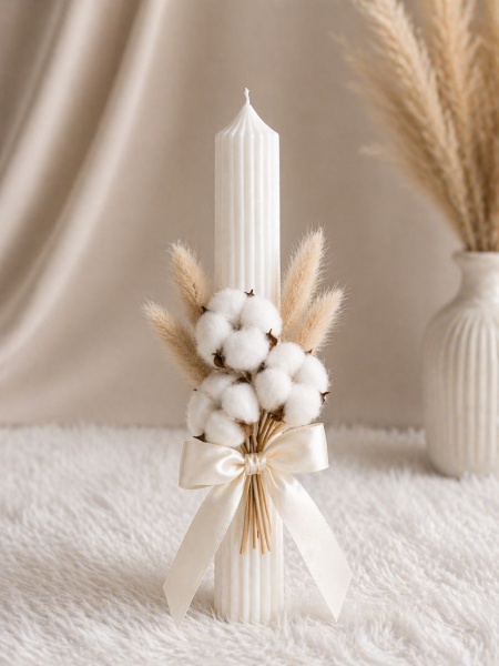 lumanare-de-botez-flori-de-bumbac alb