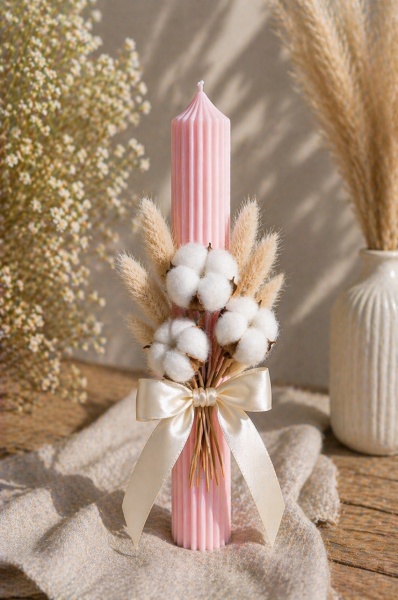 lumanare-botez-cotton-flower-roz