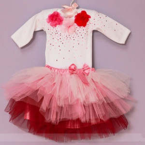 Set body cu maneca lunga si tutu Pink Flowers