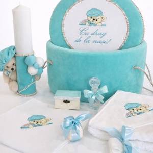 Trusou de botez complet Velvet Bear turcoaz