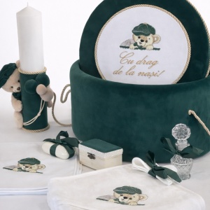 Trusou de botez complet Velvet Bear verde smarald