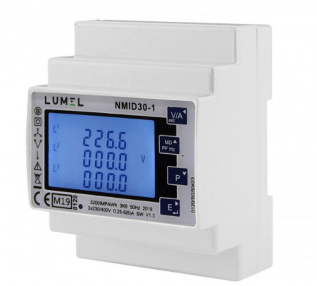 Contor electric inteligent Lumel NMID30-1, măsurare parametri rețele monofazate și trifazate, Certificare MID, Modbus, interfață RS485, intrare 1/5A