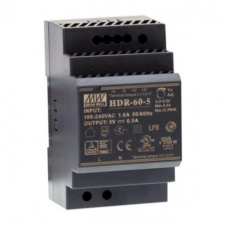Sursă de alimentare Mean Well HDR-60-5, ieșire 5V, 6.5A, 32.5W, montaj pe șină DIN
