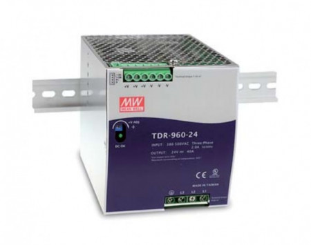 Sursă de alimentare Mean Well TDR-960-24, intrare trifazată sau monofazată, ieșire 24V, 40A, 960W, montaj pe șină DIN