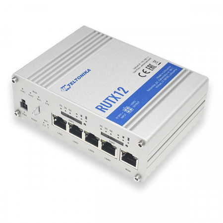 Router industrial DUAL SIM 4G Teltonika RUTX12, DUAL LTE, 5 porturi Ethernet, WiFi, BLE, gateway, MODBUS, MQTT, GPS, intrare și ieșire digitală, carcasă metalică