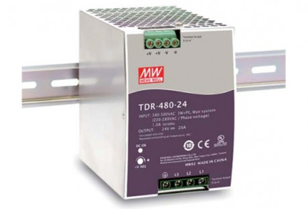 Sursă de alimentare Mean Well TDR-480-24, intrare trifazată sau monofazată, ieșire 24V, 20A, 480W, montaj pe șină DIN