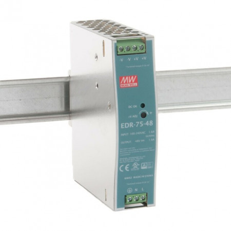 Sursă de alimentare Mean Well EDR-75-48, ieșire 48V, 1.6A, 76.8W, montaj pe șină DIN