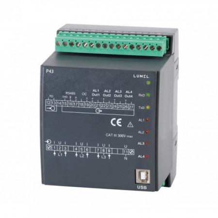 Traductor măsurare parametri rețea electrică trifazată Lumel P43 221100E0, curent intrare 5A, ieșiri in releu, Modbus RTU, RS485