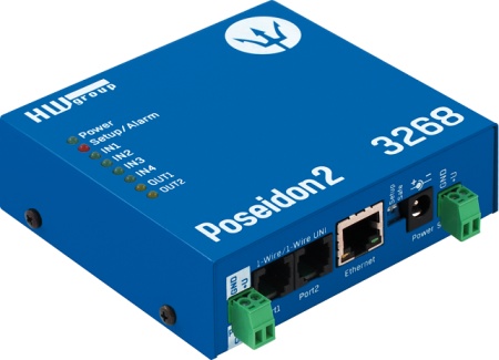 Modul monitorizare IP temperatură și umiditate, Poseidon2 3268, suport pentru 8 senzori 1-Wire, 4 intrări digitale, 2 ieșiri în releu, Modbus TCP, MQTT, PoE
