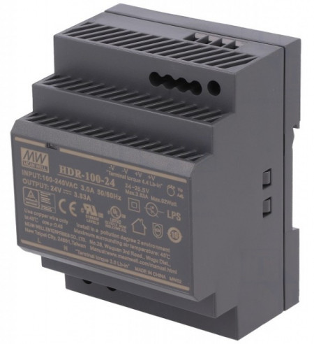 Sursă de alimentare Mean Well HDR-100-24N, ieșire 24 V, 4.2 A, 100.8 W, montaj pe șină DIN