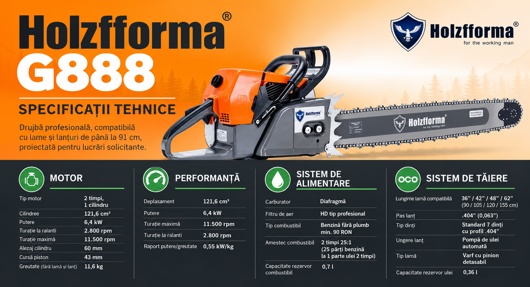 Drujba semiasamblata Holzfforma G888 122cc - fara lama si lant