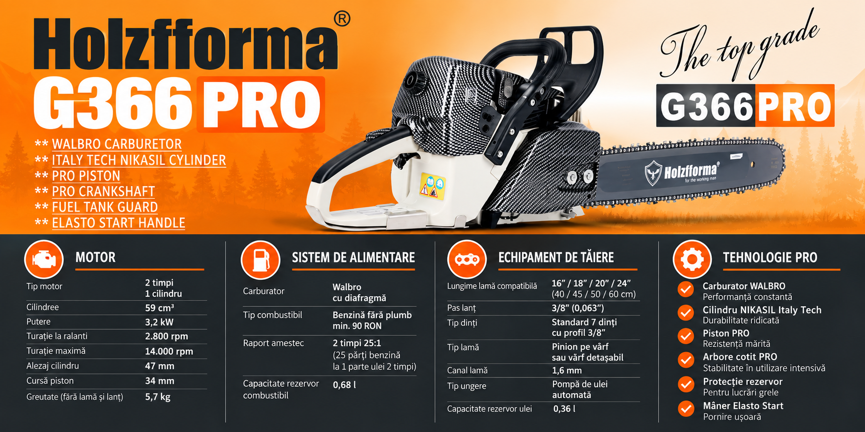 Holzfforma G366 PRO 59cc - specificatii tehnice
