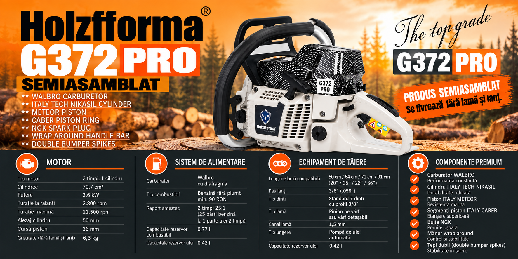 Holzfforma G372 PRO semiasamblata - specificatii tehnice