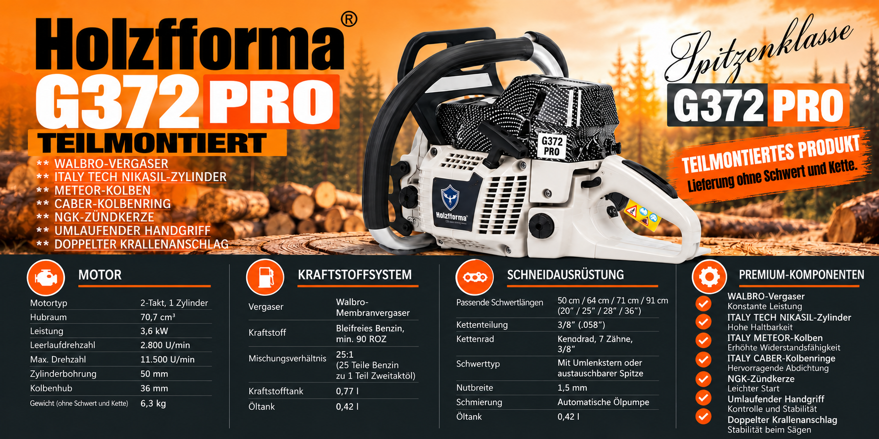 Teilmontierte Holzfforma G372 PRO – technische Daten und PRO-Komponenten