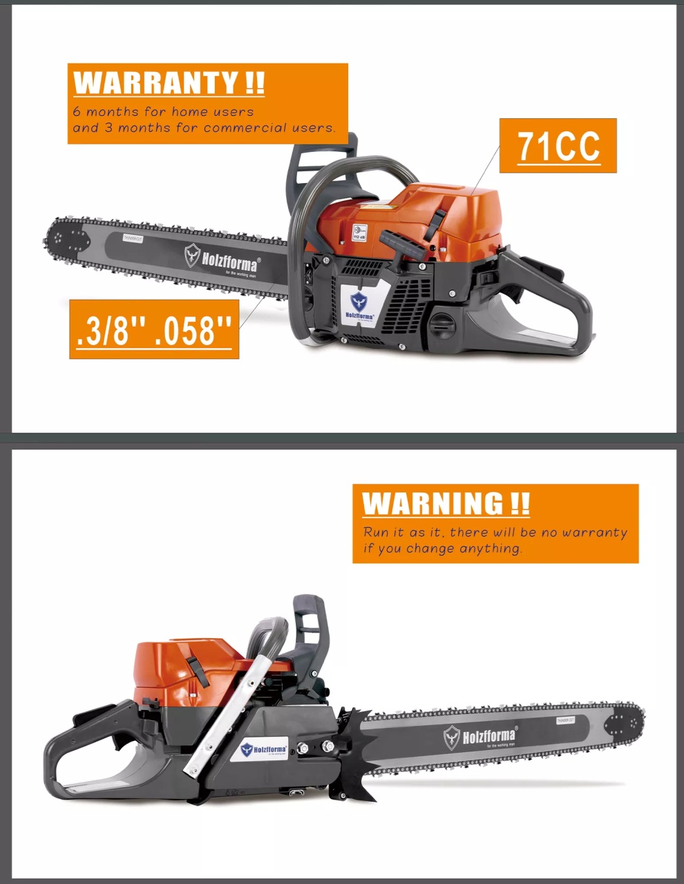 Holzfforma® G372XP 71cc tronçonneuse (sans lame ni chaîne) ORANGE