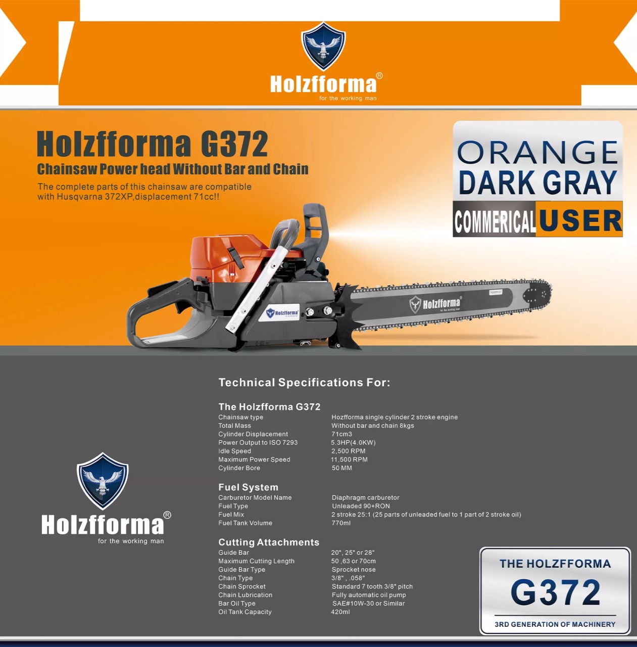 Holzfforma® G372XP 71cc tronçonneuse (sans lame ni chaîne) ORANGE