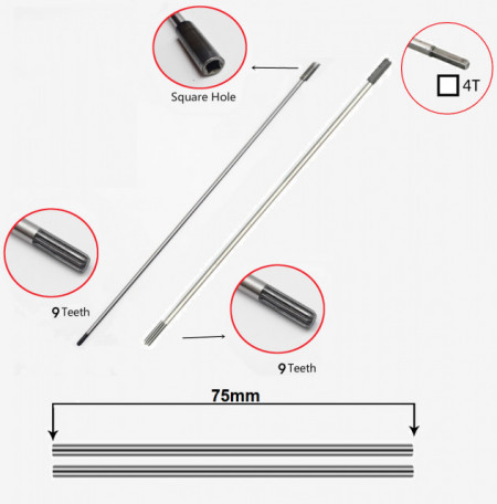 Tubo + eje de transmisión, 2 tramos, 9 dientes, Ø 28 mm (2 x 75)