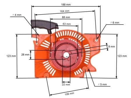 This starter is suitable for Chinese Nac chainsaws, Flo SPS 01-52, SPS 02-45