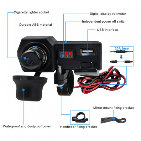 Източник на захранване за мотоциклет / Atv 12V + USB 5V