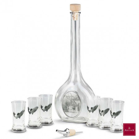 Set Angler de pahare din sticla cu ornament peste si sticluta de tuica | Artina