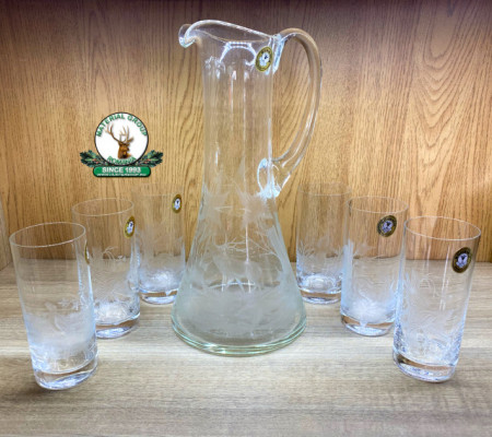 SET DE PAHARE DIN 6 buc. din sticla GRAVAT ptr. Racoritoare 340ml cu CARAFA GRAVAT de 1500 ml cod.10