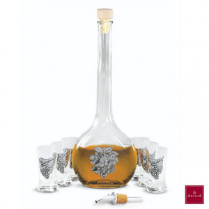 Set de 6 pahare din sticla cu sticluta pentr tuica | cu ornament din zinc | Artina