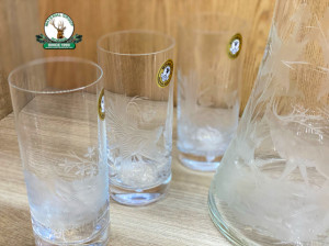 SET DE PAHARE DIN 6 buc. din sticla GRAVAT ptr. Racoritoare 340ml cu CARAFA GRAVAT de 1500 ml cod.10