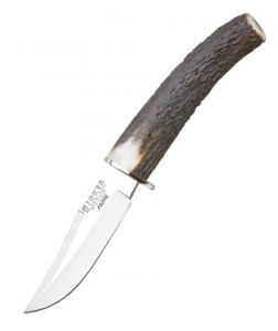 Cutit de vanatoare Joker CC 70 Luchadera maner corn de cerb cu tais de 10 cm in husa piele maro