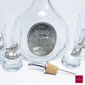 Set Hirsch de 6 pahare din sticla cu ornament cerb si sticluta pentru tuica | Artina