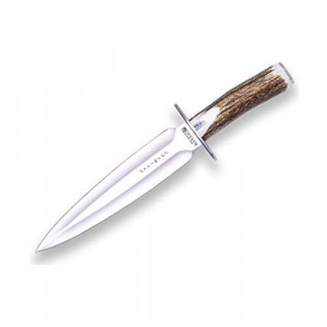 Cutit de vanatoare Joker CC 108 Colmillor cu maner din corn de cerb, tais de 21.5 cm in husa piele maro