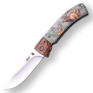 Briceag Joker JKR0654, maner combinat din lemn si plastic cu imagine de cerb, tais: 8.3 cm | cod: JKR0654