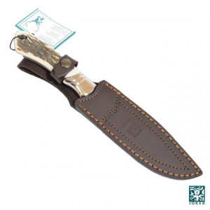 Cutit de vanatoare Joker CC03 Ibice Inox cu maner din corn de cerb, in husa piele | lama: 15 cm