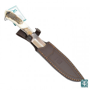 Cutit de vanatoare Joker CC03 Ibice Inox cu maner din corn de cerb, in husa piele | lama: 15 cm