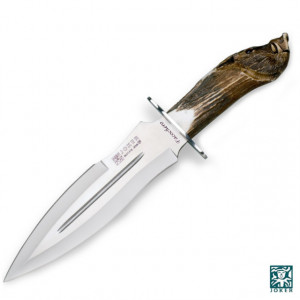 Cutit vanatoare Joker CTJ42 Facochero cu maner din corn de cerb sculptat in husa piele maro | lama dublu: 25.5 cm