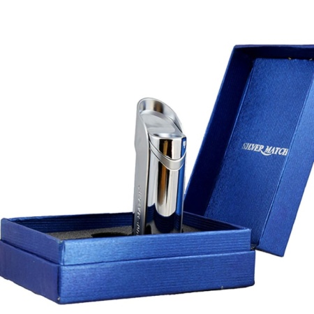 Bricheta Silver Match in cutie cadou albastra, sistem piezo, incarcare cu gaz, turbo jet