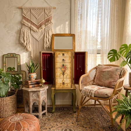 Dulap din lemn pentru bijuterii, cu oglindă și sertare, stil vintage floral - Img 5