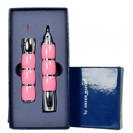 Set cadou Silver Match Caprice pix si bricheta roz pink si crom in cutie