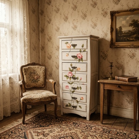 Dulap din lemn cu sertare și decor floral, stil vintage, 48,5 x 31,5 x 120,5 cm - Img 4