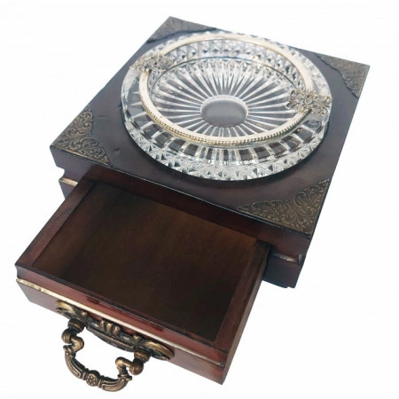 Scrumiera cristal pe suport lemn prevazut cu sertar pentru tigari 14x14x8cm - Img 3