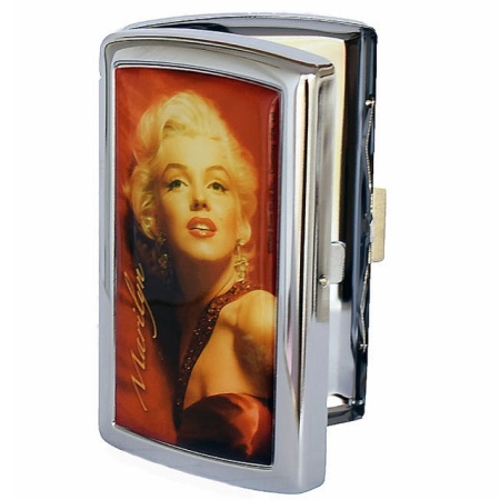 Tabachera metalica Marilyn Monroe, imagine frontala cu tabachera intredeschisa si imaginea Marilyn Monroe