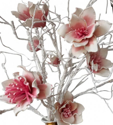 Floare decorativa artificiala ,creanga magnolie flori roz pudrat H90cm - Img 2