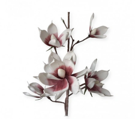 Floare decorativa artificiala, creanga magnolie flori alb-grena, H 90cm - Img 2