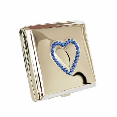 Tabacheră metalică Jean Claude,metalica, culoare nichel lucios cu strasuri bleu sub forma de inima,
