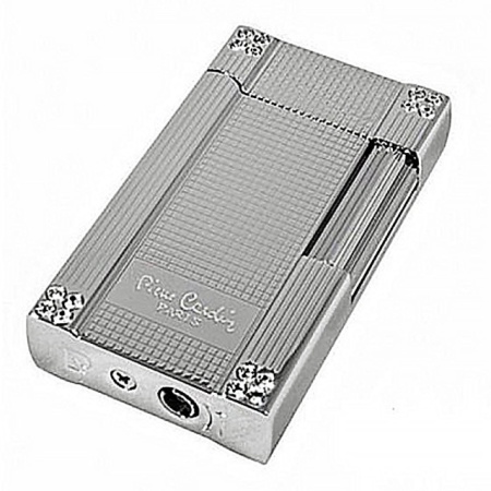 Brichetă Pierre Cardin 78B-02, de lux, prezentare inclinata, se observa orificiul de umplere, brand inscriptionat, culoare argintiea