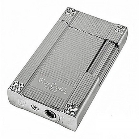 Brichetă Pierre Cardin 78B-02, de lux, prezentare inclinata, se observa orificiul de umplere, brand inscriptionat, culoare argintiea