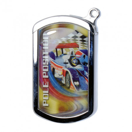 Brichetă metalică Race Champ piezoelectrică, cu agatatoare pentru portchei, culori argintiu lucios cu desen auto racing pe ambele parti