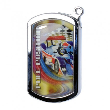 Brichetă metalică Race Champ piezoelectrică, cu agatatoare pentru portchei, culori argintiu lucios cu desen auto racing pe ambele parti