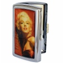 Tabachera metalica Marilyn Monroe, imagine frontala cu tabachera intredeschisa si imaginea Marilyn Monroe
