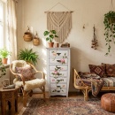 Dulap din lemn cu sertare și decor floral, stil vintage, 48,5 x 31,5 x 120,5 cm
